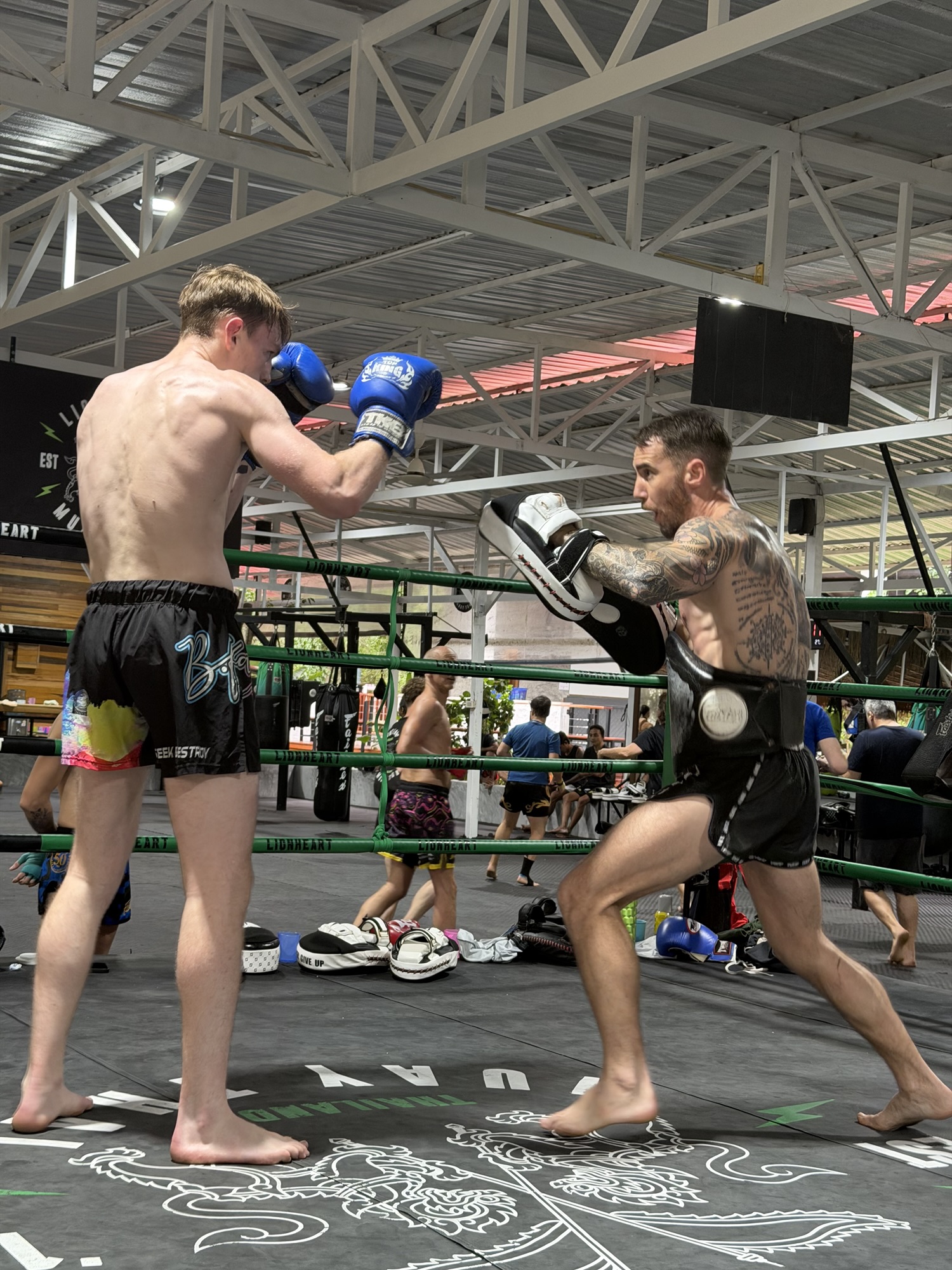 Fighter in black BFAST shorts punching pads held by a training partner in a gym